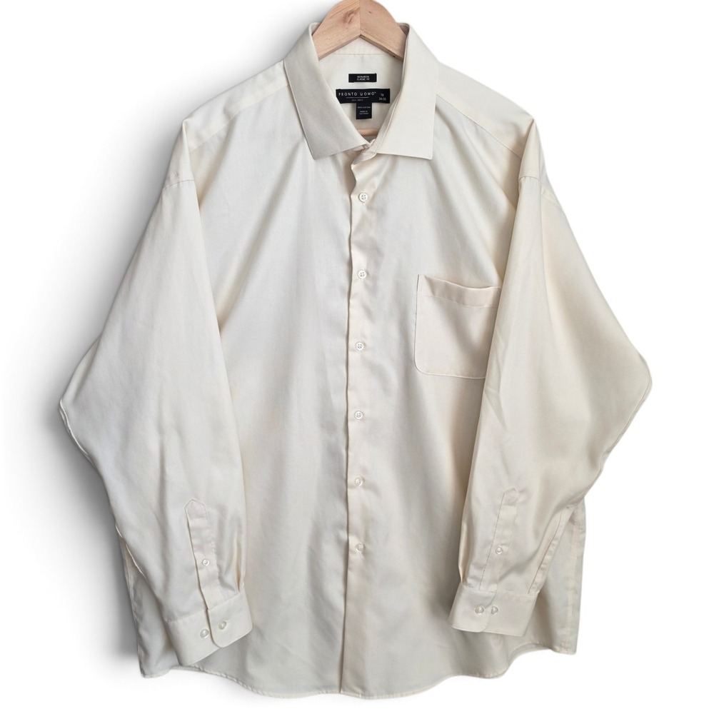 Pronto Uomo Mens Dress Shirt 18 34/35 Cream Ivory Non Iron 100% Cotton Classic